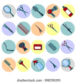 Barber Hairdresser Tools. Hair Beauty Accessories. Fashion Equipment. Scissors, Comb. Mirror, Curler. Icons Set. Vector illustration