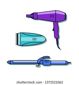 Barber and hairdresser tools isolated on white background. Hair dryer, hair curler, trimmer - Vector