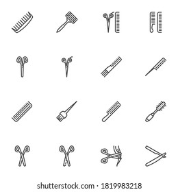 Barber, hairdressing tool line icons set, barbershop outline vector symbol collection, linear style pictogram pack. Signs, logo illustration. Set includes icons as hair brush, scissors, razor blade