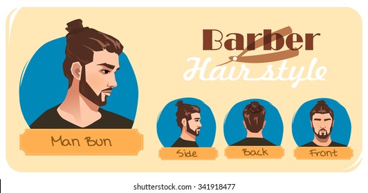 Barber Hairstyle Man bun.  Hipster barber. Front side. Back side. Beard .