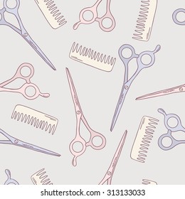 Barber hand drawn seamless pattern. Hairdressing tools doodle background. Combs and scissors, barber shop. Hairdressing supplies