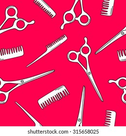 Barber hand drawn seamless pattern. Hairdressing tools doodle background vector. Combs and scissors, barber shop. Sketch objects professional accessories