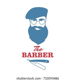 The Barber. Handsome man with beard, beret and mustache. Barber shop symbol.