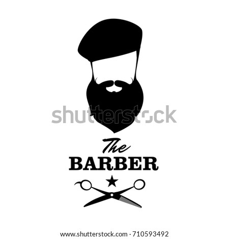 The Barber. Handsome man with beard, beret and mustache. Barber shop symbol.