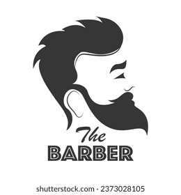 El Barber. Hombre guapo con barba y bigote. Texto. Símbolo de la peluquería.