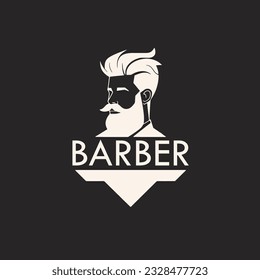 El Barber. Hombre guapo con barba y bigote. emblema de la etiqueta vintage aislada. Logo del símbolo de la Barbería. plantilla de logotipo de hipster vintage. Fondo negro 