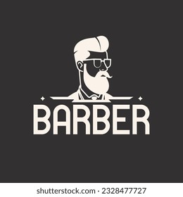 The Barber. Handsome man with beard and mustache. Isolated vintage label badge emblem. Barbershop symbol logo. vintage hipster logo template. Black background 