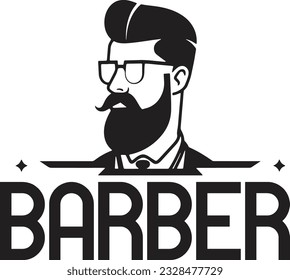 The Barber. Handsome man with beard and mustache. Isolated vintage label badge emblem. Barbershop symbol logo. vintage hipster logo template. White background 