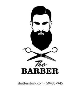 The Barber. Handsome Man With Beard And Mustache. Scissors. Barber Shop Symbol.