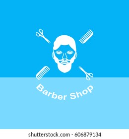 The Barber. Handsome man with beard and mustache. Scissors. Barber shop symbol.