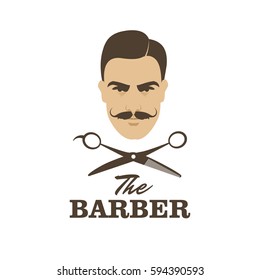 The Barber. Handsome man with mustache. Scissors. Barber shop symbol.