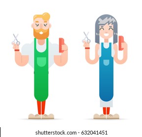 Barber hipster geek characters male and female master haircuts icon isolated flat design template concept vector illustration