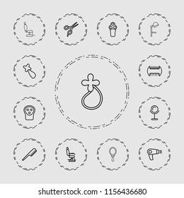 Barber icon. collection of 13 barber outline icons such as comb, hair dryer, electric razor, mirror, hair barrette. editable barber icons for web and mobile.