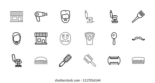 Barber icon. collection of 18 barber outline icons such as comb, mustache, hair dryer, hair brush, beauty salon, man hairstyle. editable barber icons for web and mobile.