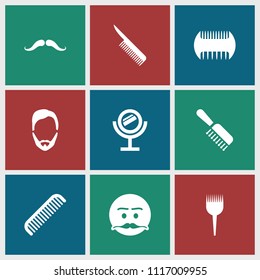 Barber icon. collection of 9 barber filled icons such as comb, mustache, man hairstyle, emot with mustache. editable barber icons for web and mobile.