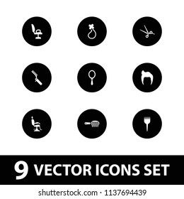 Barber icon. collection of 9 barber filled icons such as man hairstyle, bllade razor, mirror, hair brush. editable barber icons for web and mobile.