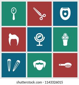 Barber icon. collection of 9 barber filled icons such as man hairstyle, electric razor, hair brush, mirror. editable barber icons for web and mobile.
