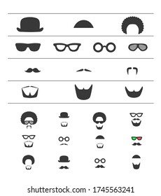 Barber icon flat set. Mustache, beard, glasses, hat, afro hair symbols. Hipster style, male fashion. Vector illustrated masque collection. Men accessoires icon set 