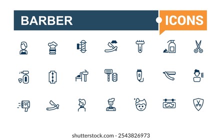 Paquete de iconos de barbero. Contiene cepillo de pelo, peine, gráfico, mano, espuma, silla, salón, hipster. Icono lineal delgado minimalista. Iconos vectoriales de trazo editable.