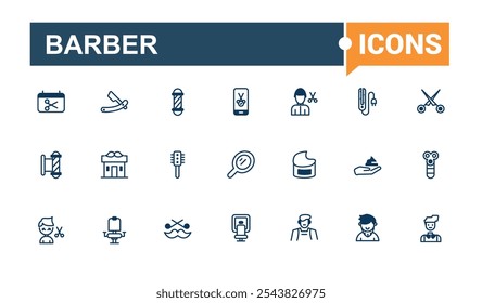 Paquete de iconos de barbero. Contiene cepillo de pelo, peine, gráfico, mano, espuma, silla, salón, hipster. Icono lineal delgado minimalista. Iconos vectoriales de trazo editable.