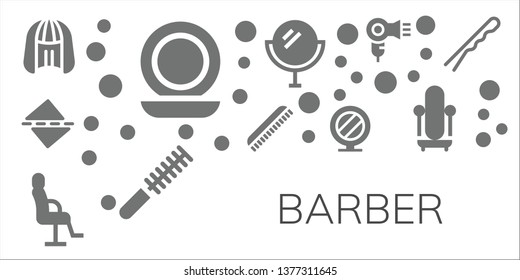barber icon set. 11 filled barber icons.  Collection Of - Wig, Mirror, Straighten, Comb, Salon chair, Hair dryer, Hairpin