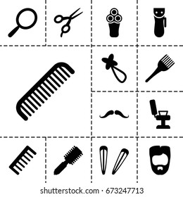 Barber icon. set of 13 filled barbericons such as mustache, comb, electric razor, mirror, hair brush, barber scissors, barber chair, man hairstyle, coloring brush