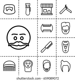 Barber icon. set of 13 outline barbericons such as comb, man hairstyle, bllade razor, electric razor, beauty salon