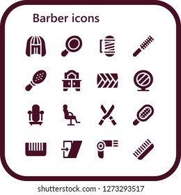  barber icon set. 16 filled barber icons. Simple modern icons about  - Wig, Hand mirror, Barber, Comb, Mirror, Plait, Salon chair, Shears, Shear, Hairdryer