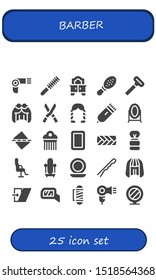 barber icon set. 25 filled barber icons.  Collection Of - Hairdryer, Comb, Mirror, Razor, Wig, Shears, Hairstyle, Electric razor, Straighten, Plait, Shaving brush, Salon chair icons