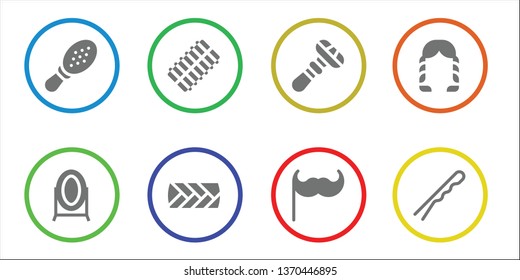 barber icon set. 8 filled barber icons.  Collection Of - Comb, Mirror, Hair curler, Plait, Razor, Moustache, Hairstyle, Hairpin