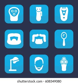 Barber icon. set of 9 filled barber icons such as electric razor, salon hair dryer, man hairstyle