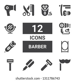 barber icon set. Collection of 12 filled barber icons included Mustache, Razor, Hair straightener, Mirror, Electric razor, Hairdryer, Grooming, Shave, Hair dryer, Electric shaver