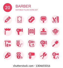 barber icon set. Collection of 20 filled barber icons included Electric razor, Mirror, Razor, Grooming, Mustache, Hair dryer, Saloon, Comb, Shave, Electric shaver, Hairdryer, Shears