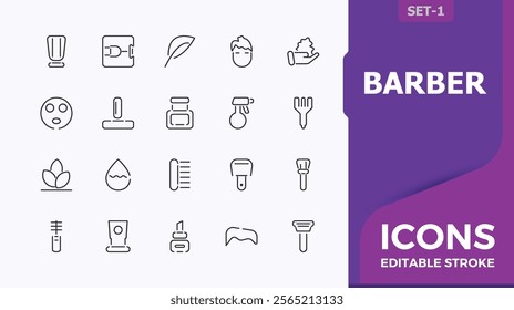 Barber icon set. It contains symbols to hair dryer, haircut, shaving, saloon, fashion, foam and more. Simple line vector. Editable minimalist vector stroke.