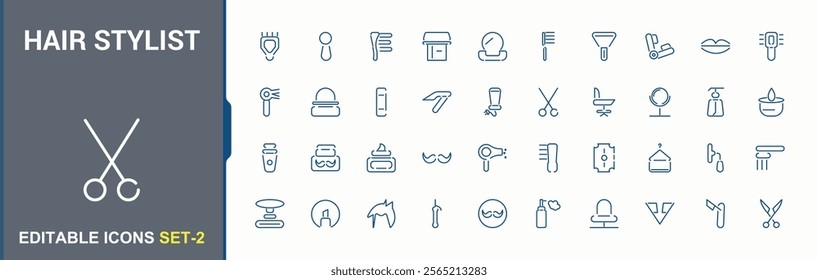 Barber icon set. It contains symbols to hair stylist, moustache, foam, accessory, hair dryer, care and more. Set of line pictogram. Vector minimalist illustration in modern line style.