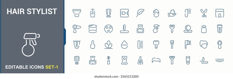 Barber icon set. It contains symbols to hair stylist, moustache, foam, accessory, hair dryer, care and more. Set of line pictogram. Vector minimalist illustration in modern line style.