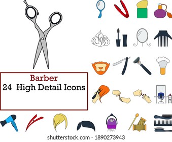Barber Icon Set. Flat Color Outline Design With Editable Stroke. Vector Illustration.