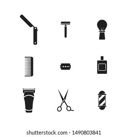 barber icon set. razor cut throat, razor blade, razor, comb, shave brush, cutting machine, scissors  black and isolated vector illustration