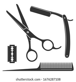 Barber icon set. Scissors, straight razor, comb, blade  graphic signs isolated on white background. Barber symbols. Vector illustration