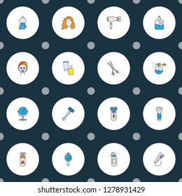 Barber icons colored line set with shaving cream, face mask, scissors and other fragrance elements. Isolated vector illustration barber icons.