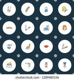 Barber icons colored line set with cream, barber chair, vintage hairdryer and other straight sharp elements. Isolated vector illustration barber icons.