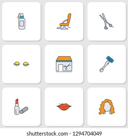 Barber icons colored line set with barbershop, shaving razor, curly hair and other store elements. Isolated vector illustration barber icons.
