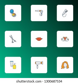 Barber icons colored line set with curly hair, eye shadow palette, lotus flower and other cosmetology elements. Isolated vector illustration barber icons.