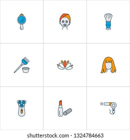Barber icons colored line set with hairdresser, electric shaver, hand mirror floral elements. Isolated vector illustration barber icons.