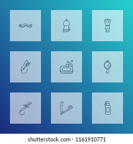 Barber icons line style set with soap, towel, razor blade and other shaver elements. Isolated vector illustration barber icons.