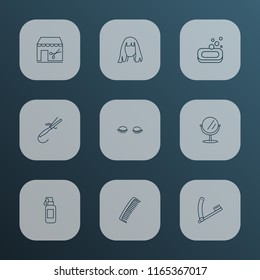 Barber icons line style set with razor blade, comb, curling iron and other vanity elements. Isolated vector illustration barber icons.