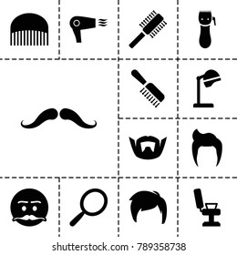 Barber icons. set of 13 editable filled barber icons such as man hairstyle, mustache, mirror, comb, salon hair dryer, barber chair, emot with mustache, hair dryer