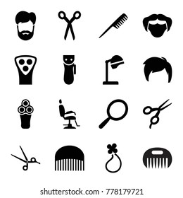 Barber icons. set of 16 editable filled barber icons such as comb, electric razor, mirror, salon hair dryer, man hairstyle