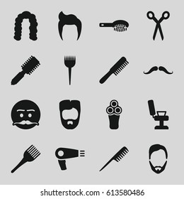 Barber icons set. set of 16 barber filled icons such as comb, man hairstyle, mustache, hair dryer, electric razor, hair brush, hairstyle, coloring brush