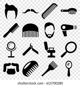 Barber icons set. set of 16 barber filled icons such as comb, man hairstyle, mustache, hair dryer, bllade razor, mirror, hair brush, barber chair